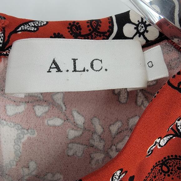 A.L.C. Dress Womens 0 Orange Black White Floral Silk Short Sleeve Mini Zip Back - Picture 7 of 11